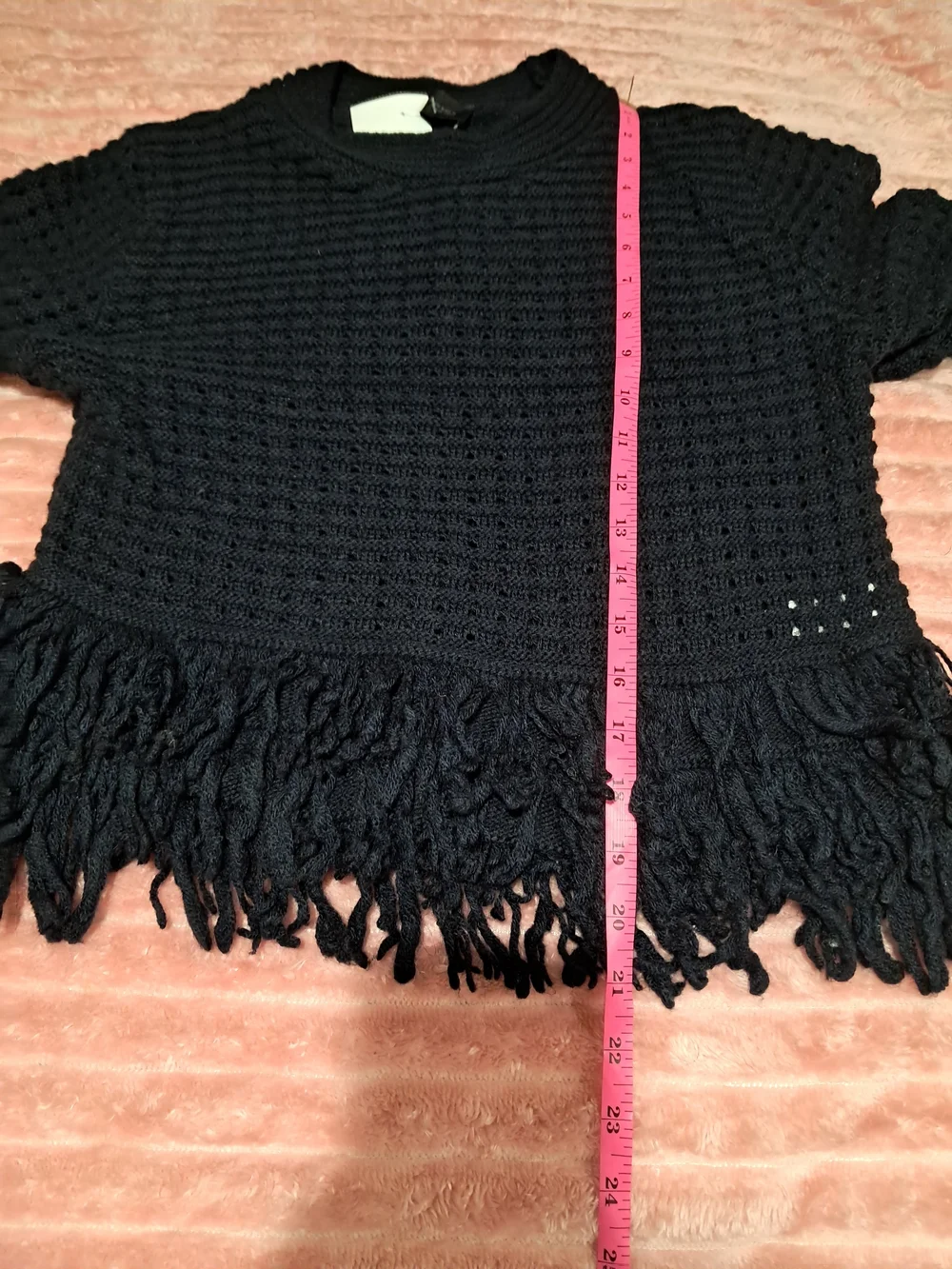 Zara Boho Chic Navy Blue Fringe Crop Textured Sweater Size M